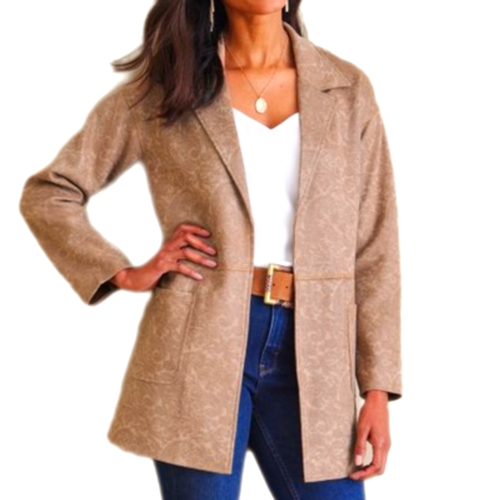 Soft Surroundings Malika Faux Suede tan paisley open front duster jacket S NWT